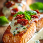 Close-up of pan-seared salmon fillet with crispy golden crust topped with creamy sun-dried tomato sauce, fresh basil leaves, displayed on a rustic plate with warm natural lighting