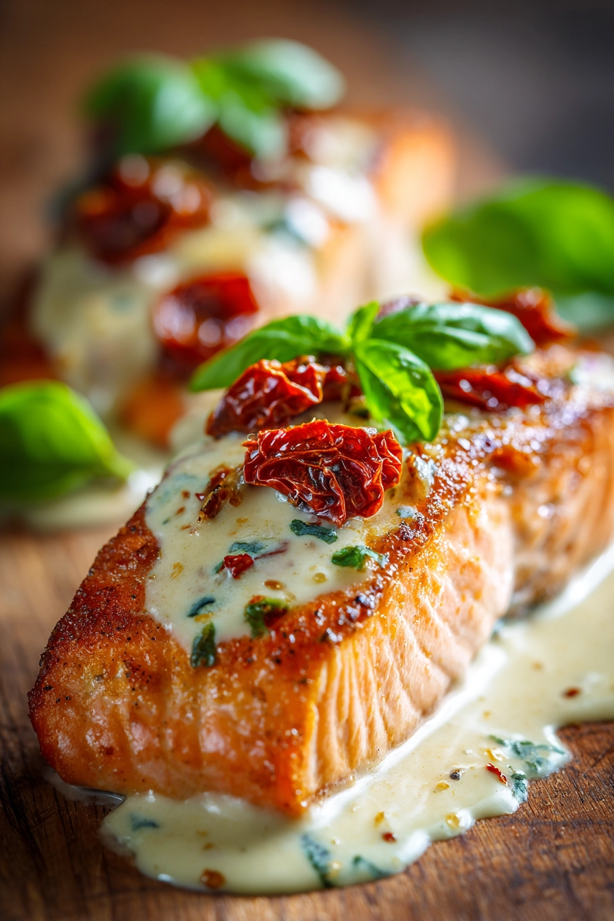 Close-up of pan-seared salmon fillet with crispy golden crust topped with creamy sun-dried tomato sauce, fresh basil leaves, displayed on a rustic plate with warm natural lighting