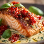 Close-up of crispy pan-seared salmon fillet centered on a rustic plate, topped with creamy sun-dried tomato sauce and garnished with fresh basil leaves, warm natural lighting highlighting the vibrant colors and textures.
