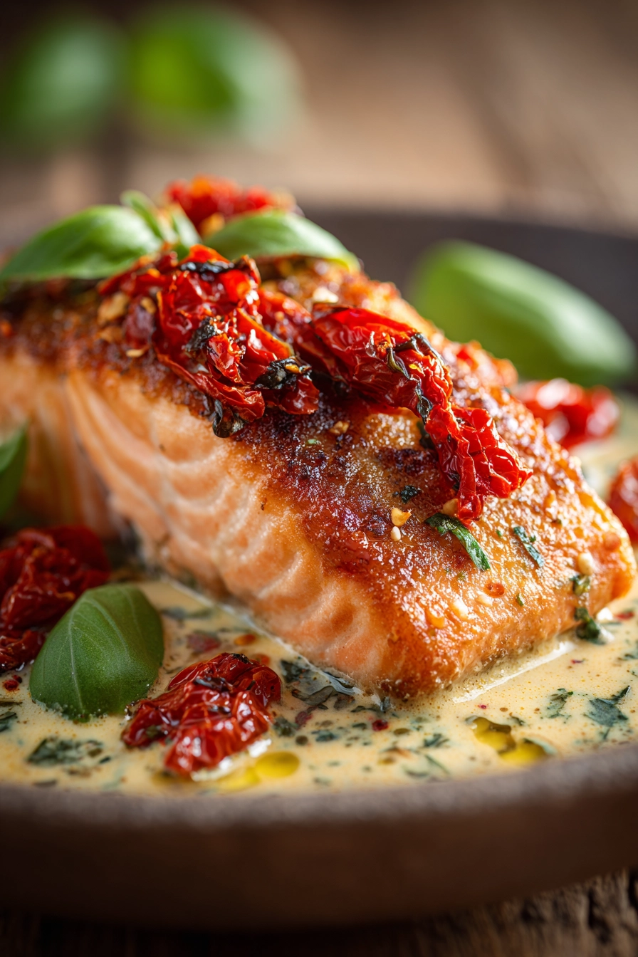 Close-up of crispy pan-seared salmon fillet centered on a rustic plate, topped with creamy sun-dried tomato sauce and garnished with fresh basil leaves, warm natural lighting highlighting the vibrant colors and textures.