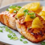Close-up of pan-seared and oven-baked salmon fillet with crispy golden brown skin, topped with bright yellow pineapple glaze, thin pineapple slices, and chopped green onions on a white plate with rustic background