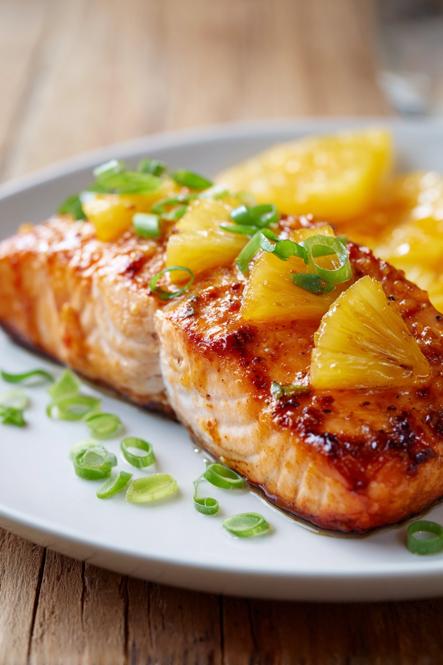 Close-up of pan-seared and oven-baked salmon fillet with crispy golden brown skin, topped with bright yellow pineapple glaze, thin pineapple slices, and chopped green onions on a white plate with rustic background