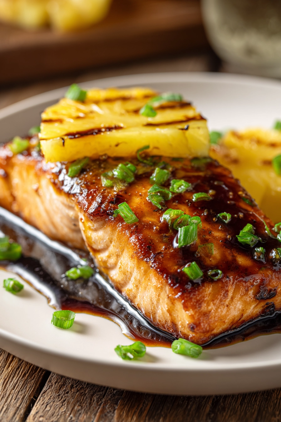 Close-up of crispy pan-seared salmon fillet with glossy pineapple glaze, grilled pineapple slice, and chopped green onions on a white plate with warm natural light
