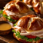 Close-up of two soft pretzel sandwiches halved diagonally and stacked on a wooden board, filled with sliced turkey breast, Swiss cheese, leaf lettuce, tomato slices, alongside a small ramekin of honey mustard sauce under warm natural light