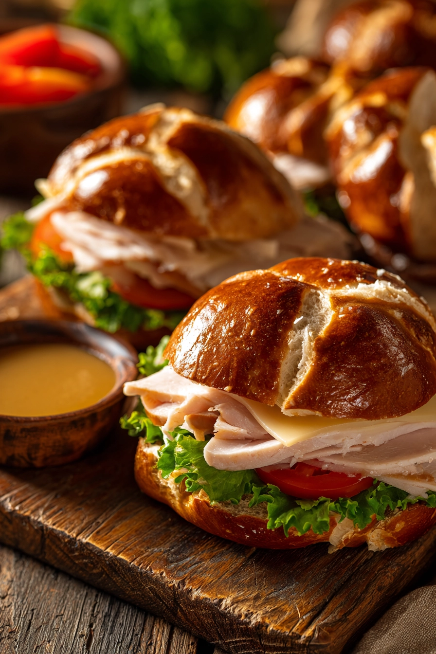 Close-up of two soft pretzel sandwiches halved diagonally and stacked on a wooden board, filled with sliced turkey breast, Swiss cheese, leaf lettuce, tomato slices, alongside a small ramekin of honey mustard sauce under warm natural light