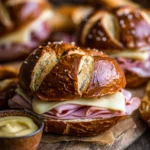 Close-up of toasted pretzel sandwiches with melted Swiss cheese and sliced ham on a wooden board with a ramekin of Dijon mustard, showcasing a golden brown glossy pretzel crust.