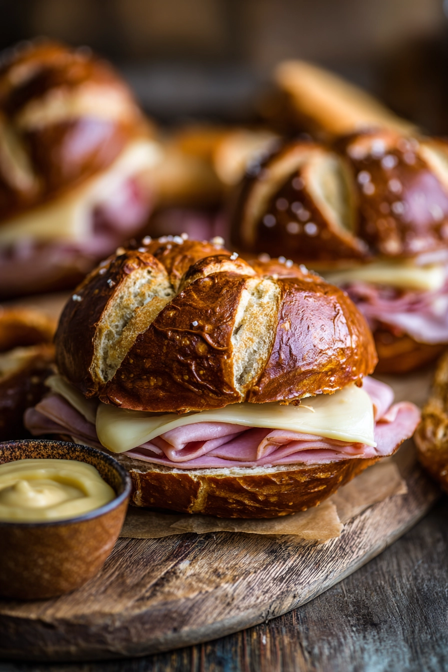 Close-up of toasted pretzel sandwiches with melted Swiss cheese and sliced ham on a wooden board with a ramekin of Dijon mustard, showcasing a golden brown glossy pretzel crust.