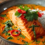Close-up of a shallow bowl with a salmon fillet in creamy orange-red coconut curry sauce, garnished with fresh green cilantro sprigs and red chili slices on a rustic wooden surface.