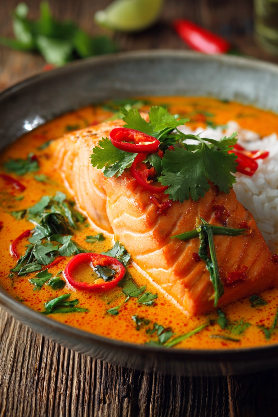Close-up of a shallow bowl with a salmon fillet in creamy orange-red coconut curry sauce, garnished with fresh green cilantro sprigs and red chili slices on a rustic wooden surface.