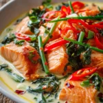 Close-up of salmon coconut curry with flaky salmon pieces in creamy coconut curry sauce garnished with fresh Thai basil leaves and red chili slices served in a shallow white bowl on a rustic wooden surface