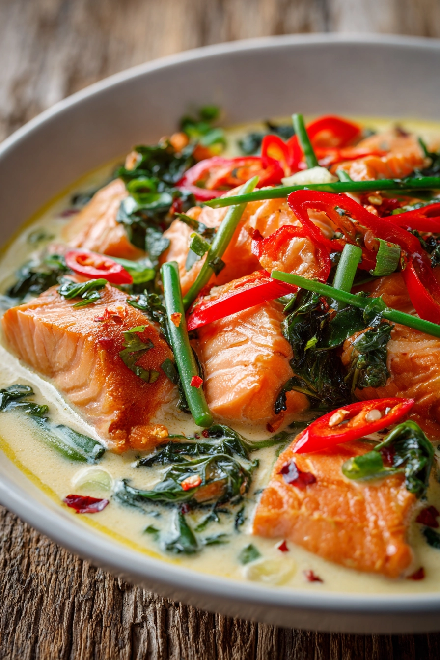Close-up of salmon coconut curry with flaky salmon pieces in creamy coconut curry sauce garnished with fresh Thai basil leaves and red chili slices served in a shallow white bowl on a rustic wooden surface
