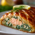 Close-up of a slice of Salmon Wellington with golden brown puff pastry, moist salmon fillet, bright green spinach filling, garnished with fresh dill and a lemon wedge on a white plate