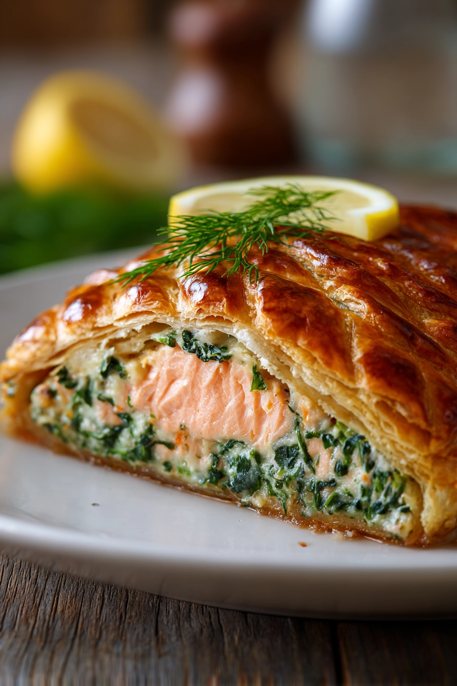 Close-up of a slice of Salmon Wellington with golden brown puff pastry, moist salmon fillet, bright green spinach filling, garnished with fresh dill and a lemon wedge on a white plate
