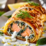 Close-up of sliced Salmon Wellington with golden puff pastry, pink salmon, green spinach filling, drizzled lemon butter sauce, garnished with fresh dill on white plate