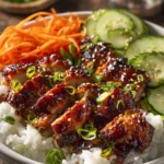Close-up of a layered bowl with tender chicken thighs glazed in sticky red gochujang sauce over white rice, surrounded by julienned carrots, sliced cucumber, scallions, and sprinkled toasted sesame seeds on a rustic wooden surface.