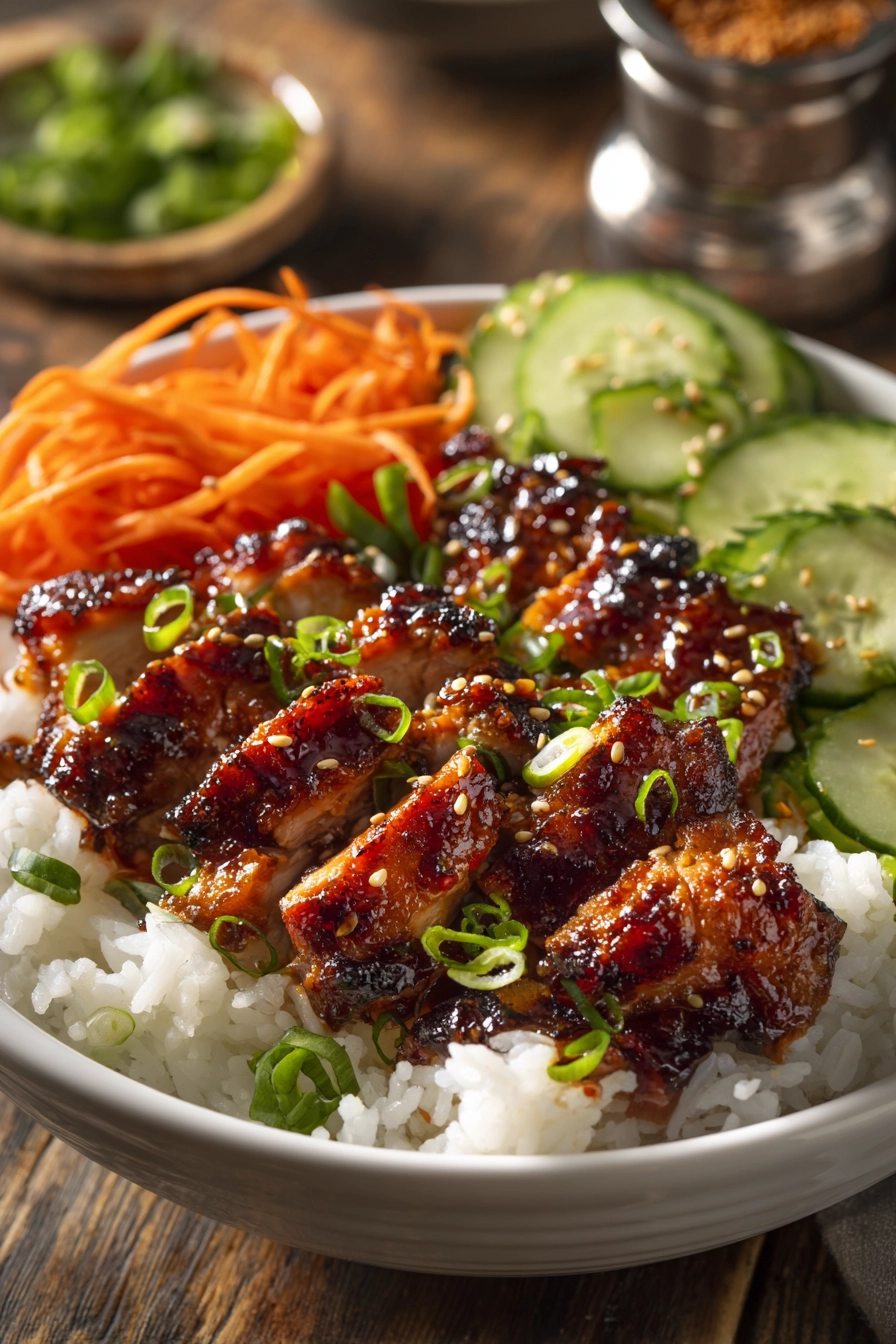 Close-up of a layered bowl with tender chicken thighs glazed in sticky red gochujang sauce over white rice, surrounded by julienned carrots, sliced cucumber, scallions, and sprinkled toasted sesame seeds on a rustic wooden surface.