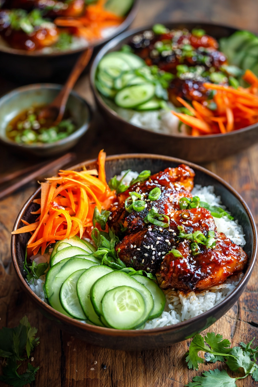 Close-up of a vibrant sweet and spicy gochujang chicken bowl with glossy pan-seared chicken thighs on white rice, fresh julienned carrots, sliced cucumber, chopped scallions, toasted sesame seeds, and cilantro leaves on a rustic wooden surface