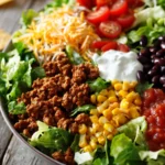 Close-up of a vibrant layered taco salad in a wide shallow bowl featuring seasoned ground beef, romaine lettuce, cherry tomatoes, black beans, corn, shredded cheddar cheese, sour cream, salsa, and tortilla chips arranged around the edges.