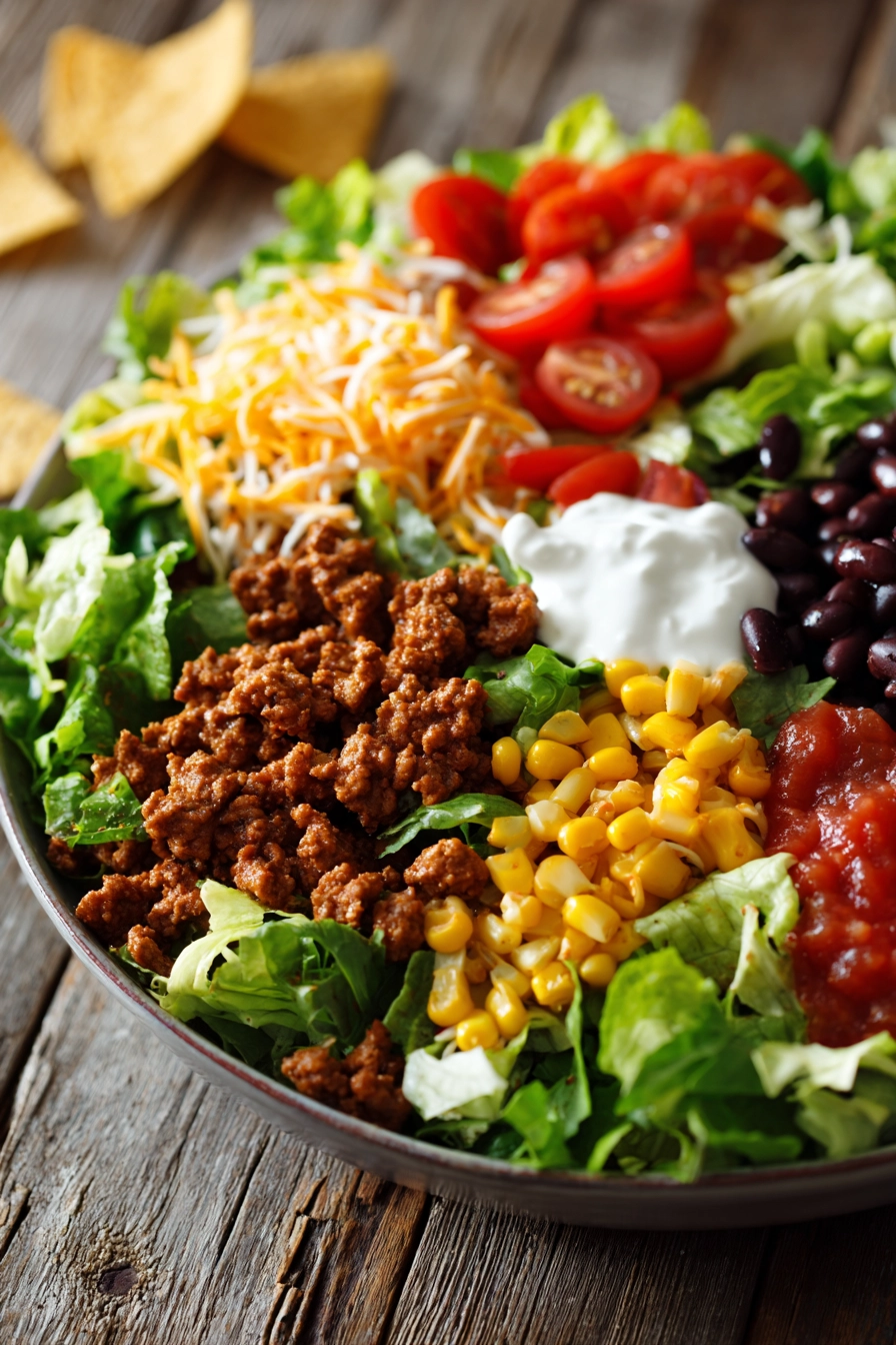 Close-up of a vibrant layered taco salad in a wide shallow bowl featuring seasoned ground beef, romaine lettuce, cherry tomatoes, black beans, corn, shredded cheddar cheese, sour cream, salsa, and tortilla chips arranged around the edges.
