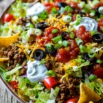Close-up of a bright and colorful taco salad lunch layered in a shallow bowl with sautéed ground beef, iceberg lettuce, diced tomatoes, cheddar cheese, black olives, green onions, crushed tortilla chips, sour cream, and salsa on a rustic wooden surface