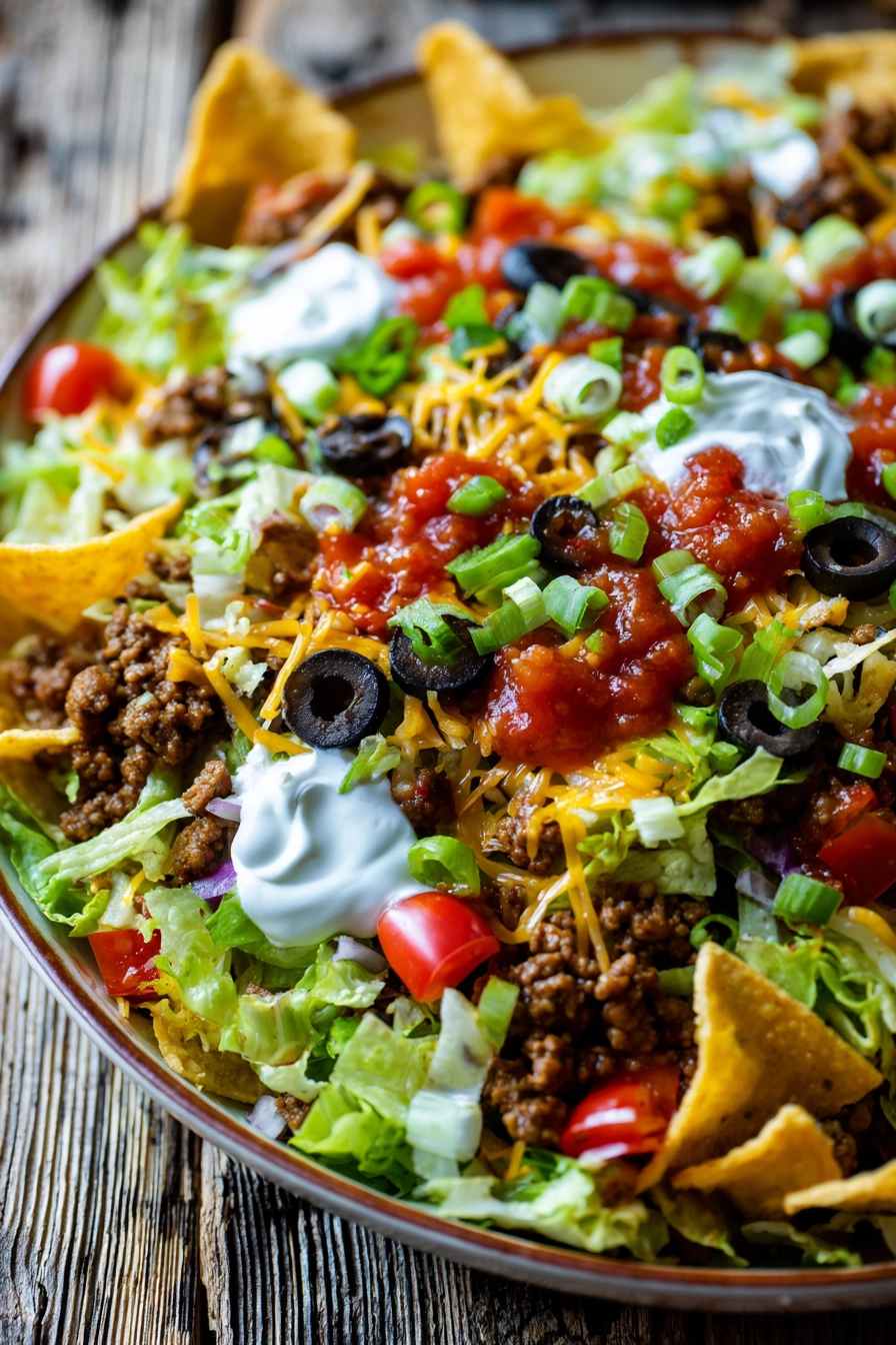 Close-up of a bright and colorful taco salad lunch layered in a shallow bowl with sautéed ground beef, iceberg lettuce, diced tomatoes, cheddar cheese, black olives, green onions, crushed tortilla chips, sour cream, and salsa on a rustic wooden surface