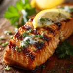 Close-up of grilled salmon fillet with golden brown crisp exterior, brushed with creamy garlic butter sauce, garnished with lemon wedge and chopped parsley on a rustic wooden surface