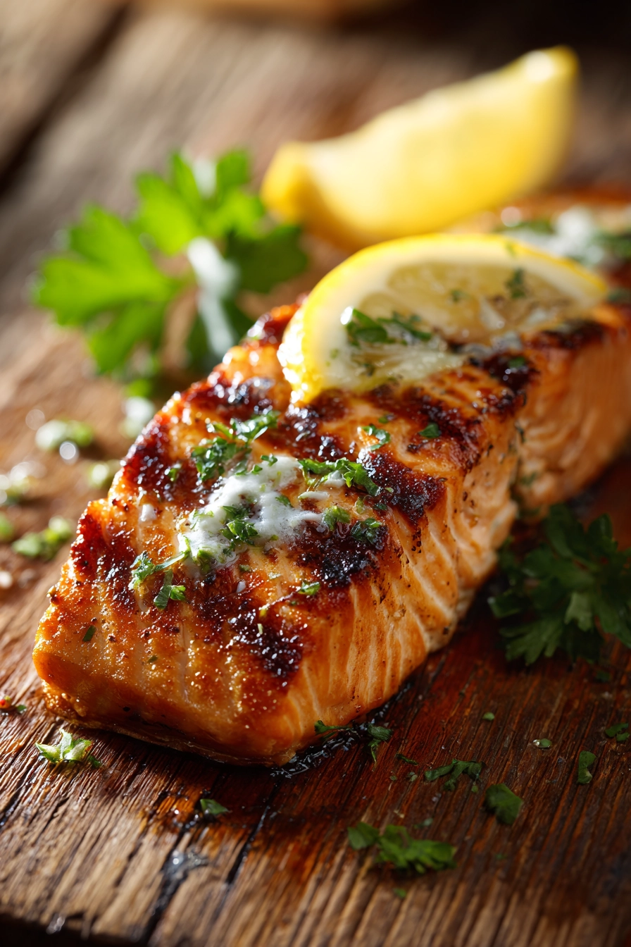 Close-up of grilled salmon fillet with golden brown crisp exterior, brushed with creamy garlic butter sauce, garnished with lemon wedge and chopped parsley on a rustic wooden surface
