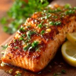 Close-up of grilled salmon fillet with crispy golden brown exterior and flaky pink interior, topped with lemon pepper butter sauce, garnished with fresh parsley and lemon wedge on rustic wooden background