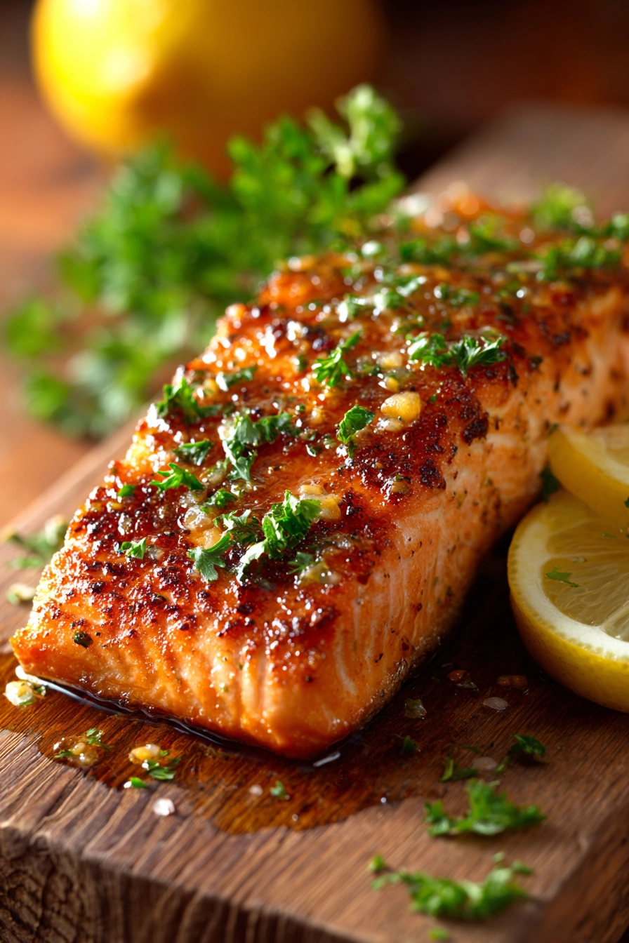 Close-up of grilled salmon fillet with crispy golden brown exterior and flaky pink interior, topped with lemon pepper butter sauce, garnished with fresh parsley and lemon wedge on rustic wooden background