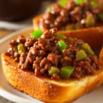 Close-up of Texas Toast Sloppy Joes with juicy ground beef, chunks of onion and green bell pepper in glossy tomato sauce, served open-faced on golden toasted Texas bread on a white round plate