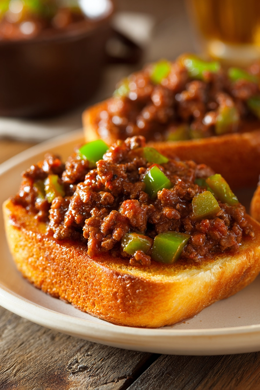 Close-up of Texas Toast Sloppy Joes with juicy ground beef, chunks of onion and green bell pepper in glossy tomato sauce, served open-faced on golden toasted Texas bread on a white round plate