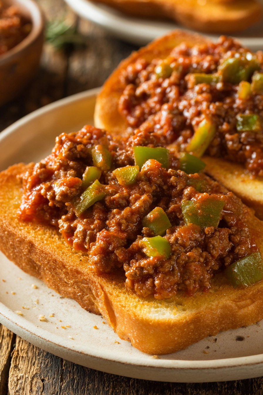 Close-up of open-faced Texas Toast Sloppy Joes featuring a juicy, saucy ground beef mixture with chunks of green bell pepper and onion, piled on golden toasted Texas toast, presented on a simple white plate with warm natural lighting