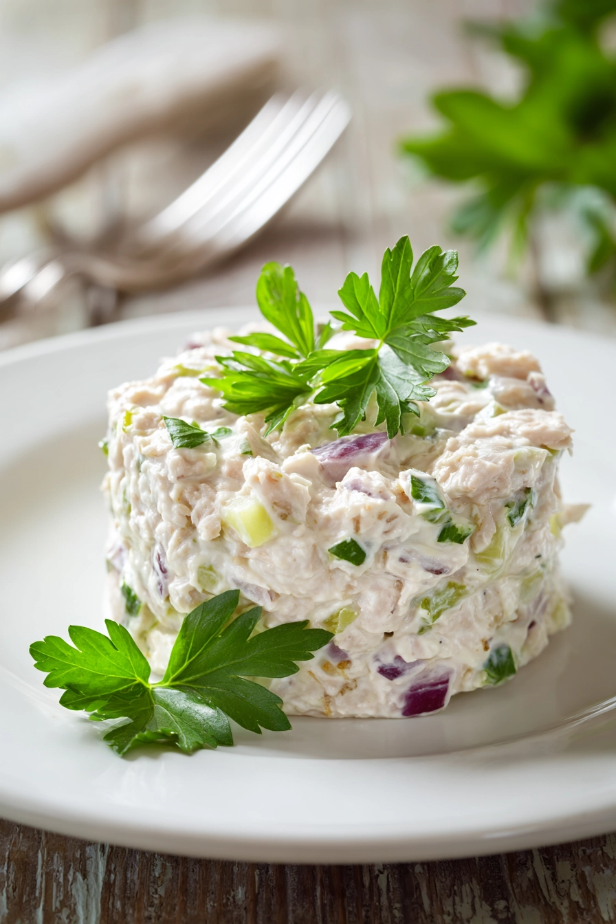 Close-up of classic tuna salad neatly molded on a white plate, creamy tuna mixed with mayonnaise, lemon juice, Dijon mustard, finely chopped celery and red onion, garnished with a small parsley sprig, presented in a clean and minimalistic style.