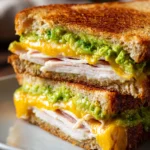 Close-up of a diagonally cut Turkey Guacamole Grilled Cheese Sandwich showing golden brown toasted whole wheat bread, melted sharp cheddar cheese, bright green guacamole, and sliced turkey breast on a white ceramic plate