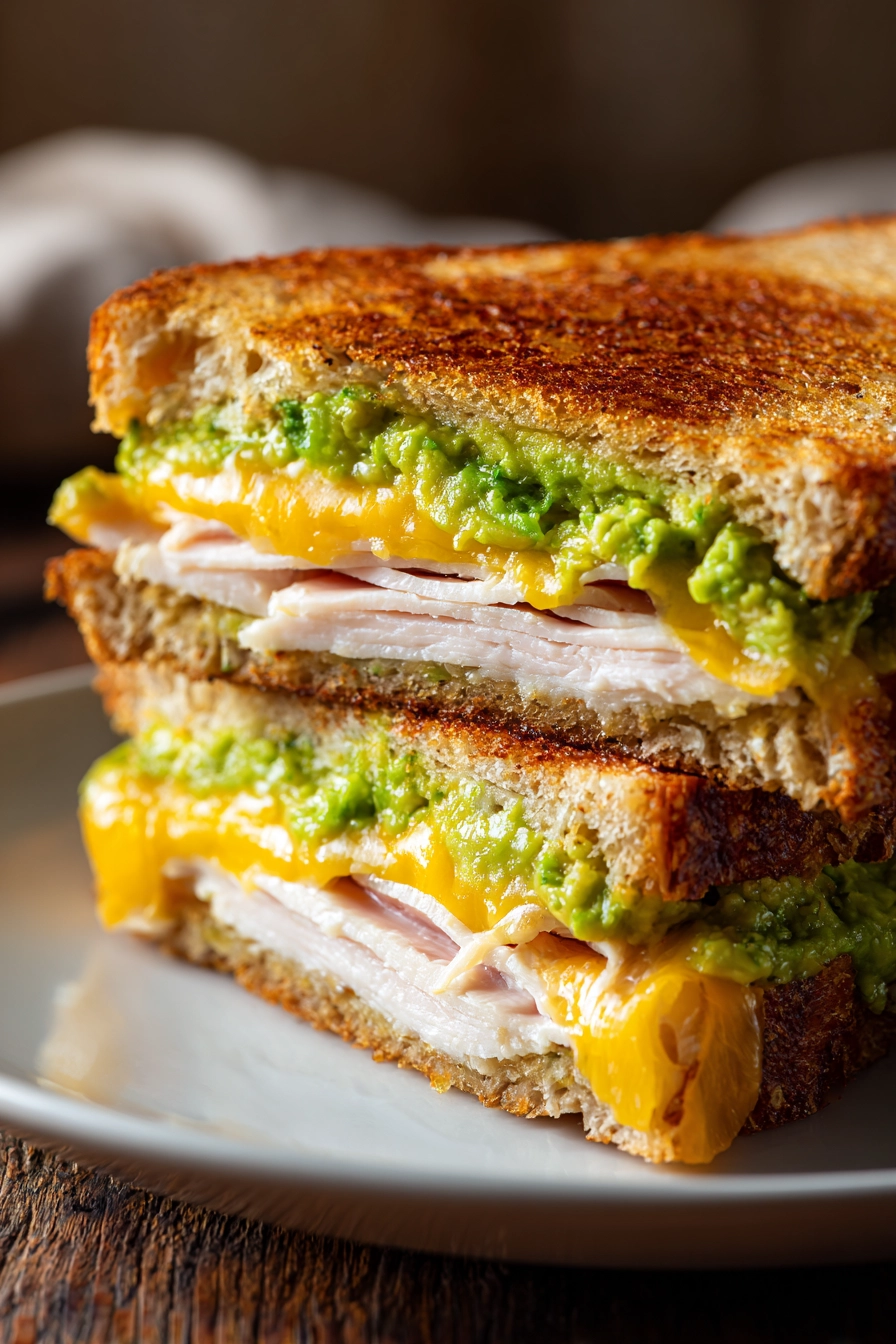Close-up of a diagonally cut Turkey Guacamole Grilled Cheese Sandwich showing golden brown toasted whole wheat bread, melted sharp cheddar cheese, bright green guacamole, and sliced turkey breast on a white ceramic plate