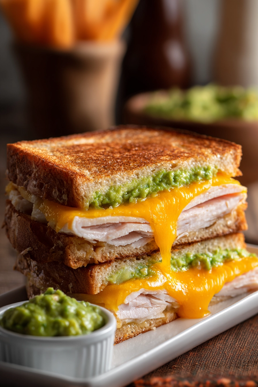 Close-up of a diagonally cut Turkey Guacamole Grilled Cheese Sandwich on a white rectangular plate showing melted cheddar cheese pull and vibrant green guacamole between toasted whole wheat bread slices with a ramekin of guacamole on the side