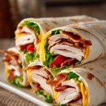 Close-up of Turkey Ranch Club Wraps diagonally cut and stacked on a rectangular white plate, filled with sliced turkey breast, crispy bacon, shredded lettuce, sliced tomatoes, cheddar cheese, and ranch dressing in soft flour tortillas.