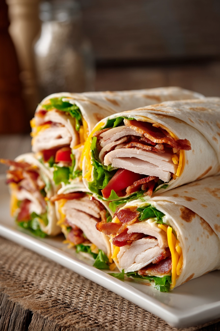 Close-up of Turkey Ranch Club Wraps diagonally cut and stacked on a rectangular white plate, filled with sliced turkey breast, crispy bacon, shredded lettuce, sliced tomatoes, cheddar cheese, and ranch dressing in soft flour tortillas.