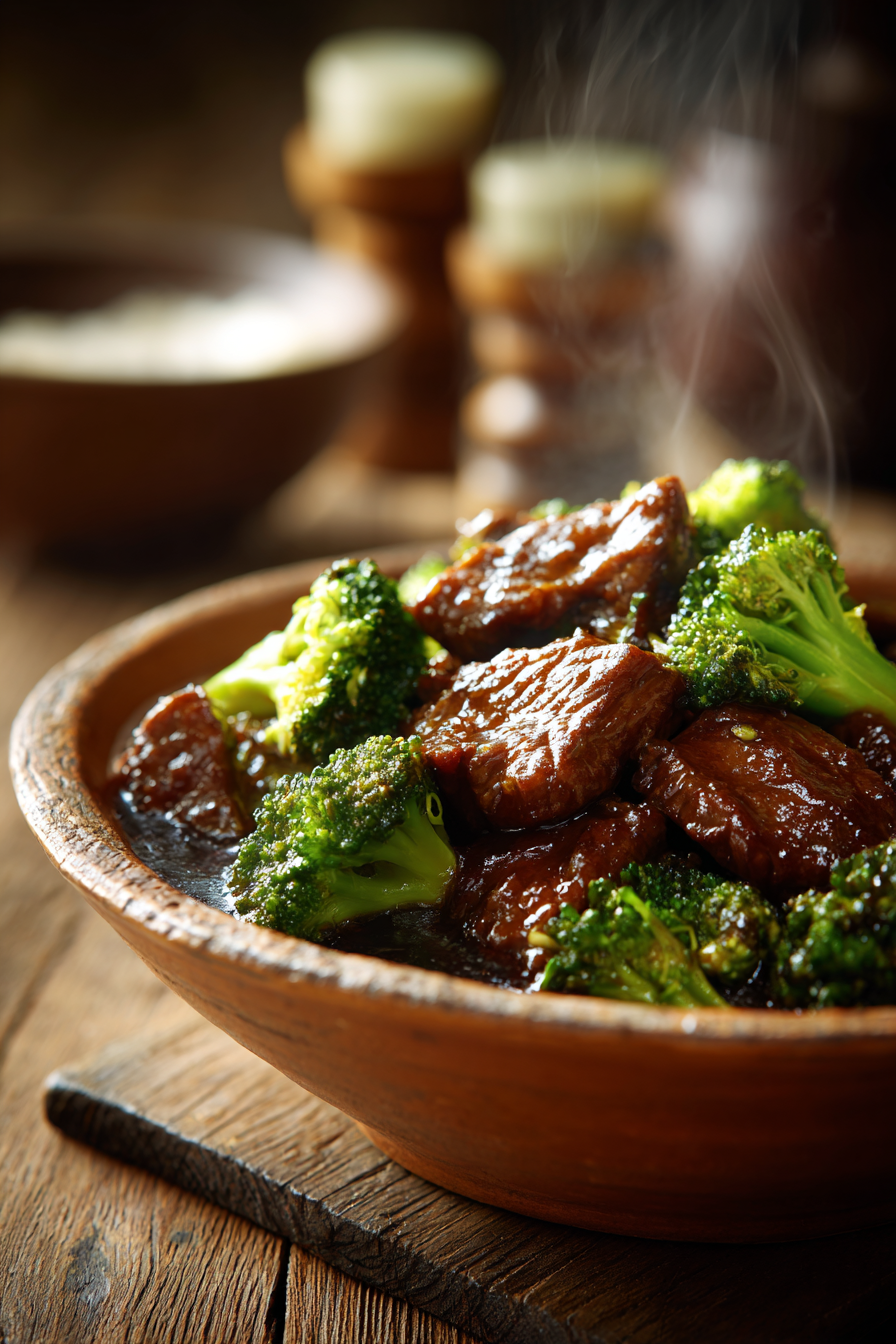 Close-up of sizzling beef strips and fresh broccoli florets glazed in a rich sauce served in a rustic bowl on a wooden surface with warm natural light
