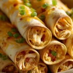 Close-up of baked chicken taquitos with golden crispy edges on a white plate.