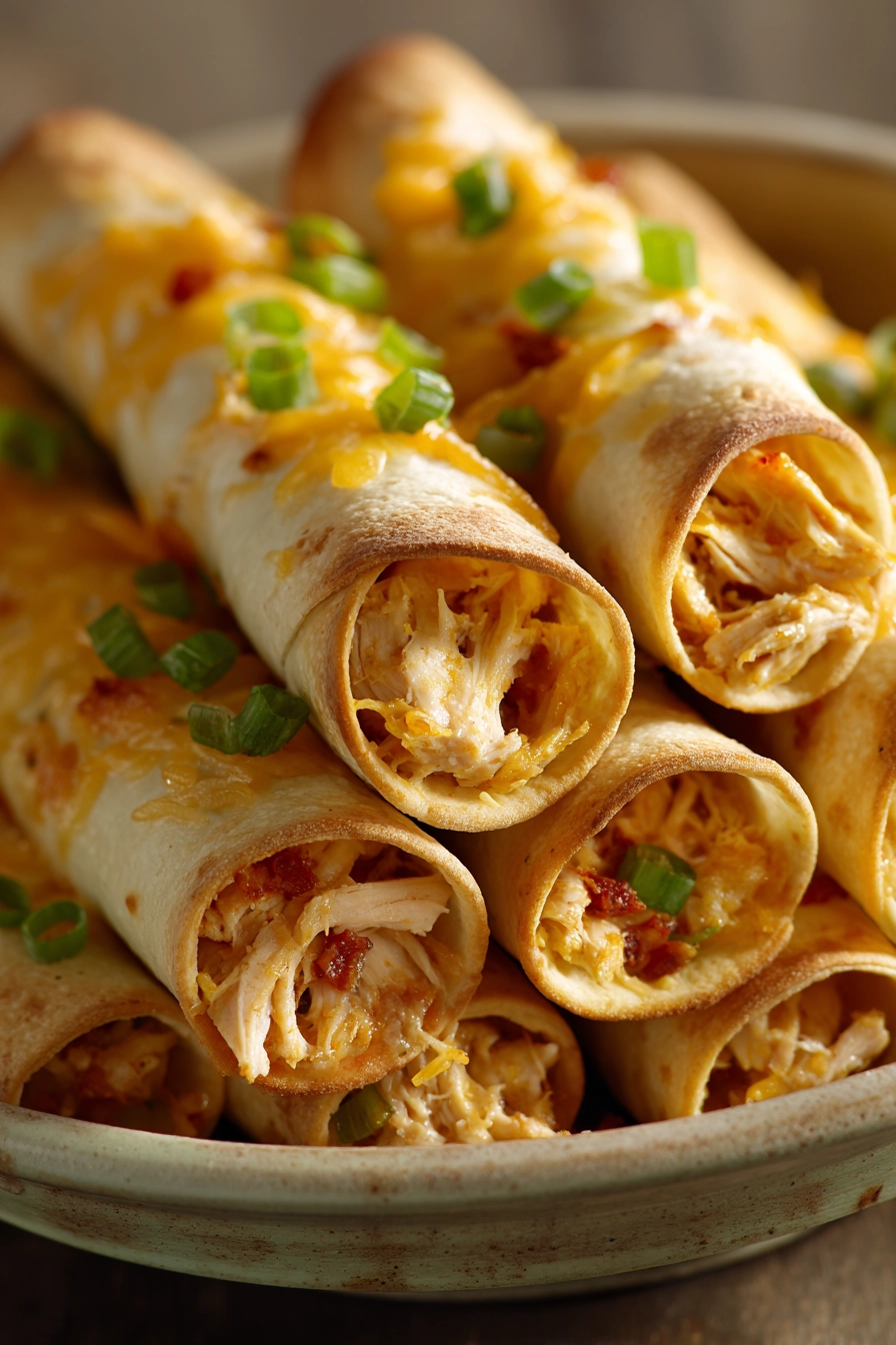Close-up of baked chicken taquitos with golden crispy edges on a white plate.