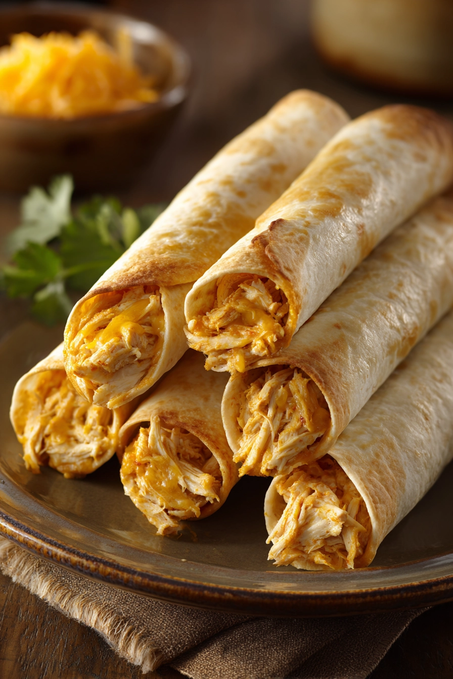 Close-up of golden baked chicken taquitos with crispy edges and a creamy filling.