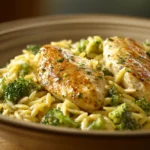Close-up of Broccoli Cheddar Chicken Orzo with melted cheese and herbs
