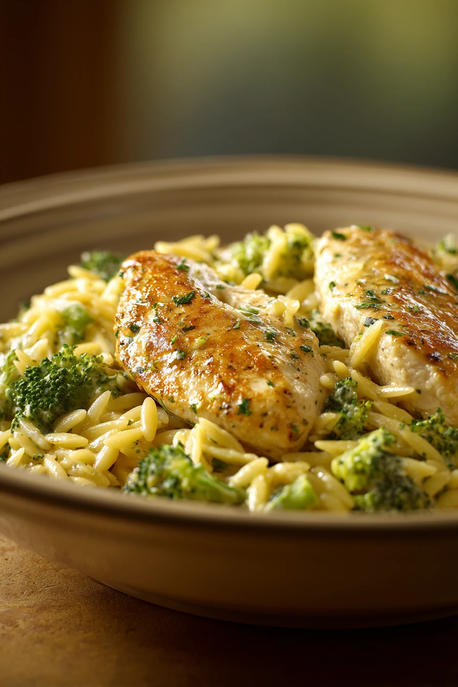 Close-up of Broccoli Cheddar Chicken Orzo with melted cheese and herbs