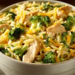 Close-up of Broccoli Cheddar Chicken Orzo with bright, warm lighting and minimal background.