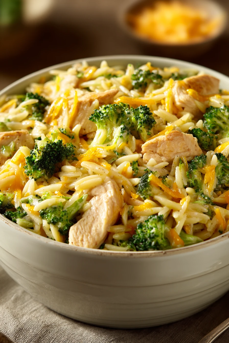 Close-up of Broccoli Cheddar Chicken Orzo with bright, warm lighting and minimal background.