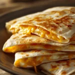 Close-up of a cheesy quesadilla with melted cheese oozing out