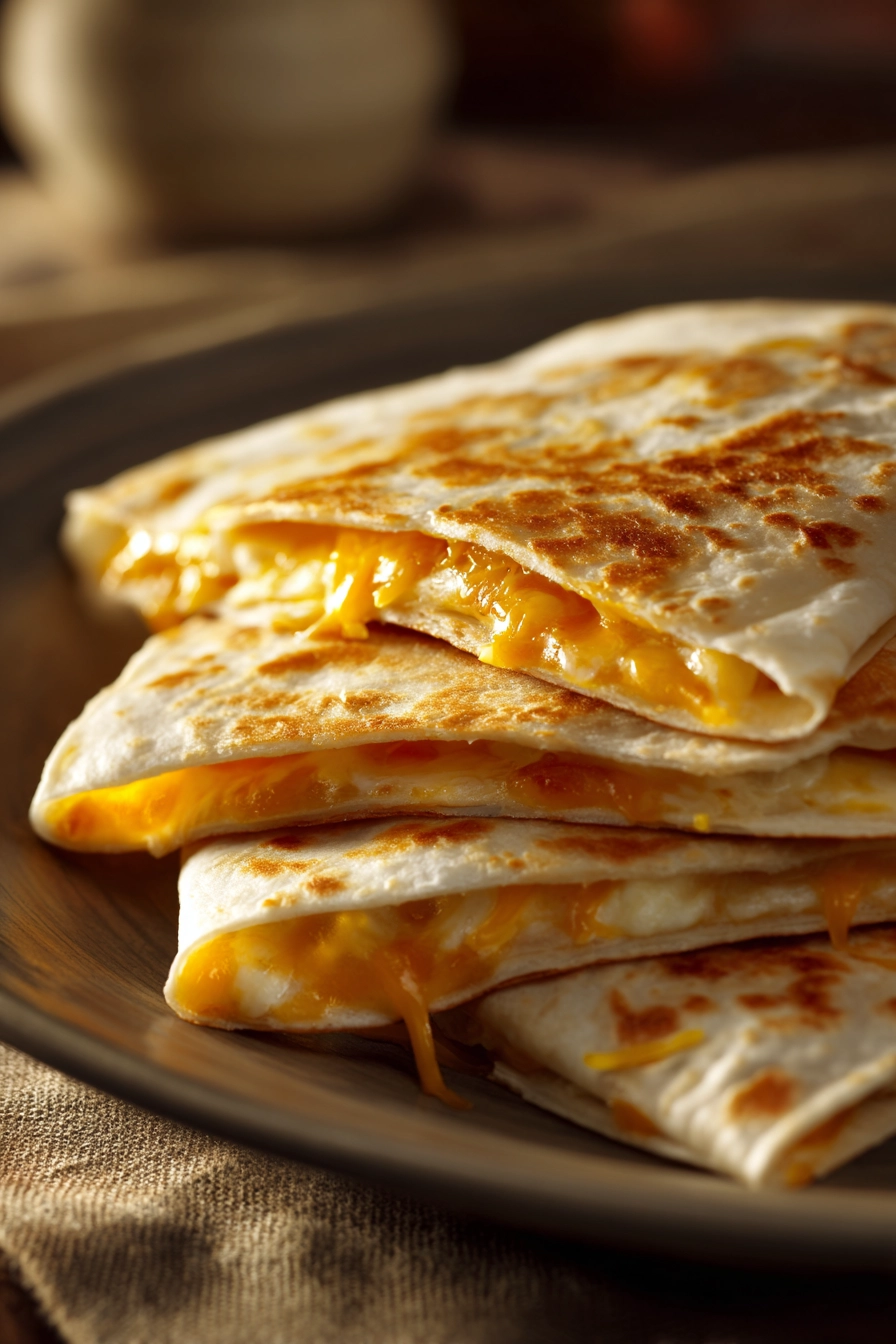 Close-up of a cheesy quesadilla with melted cheese oozing out