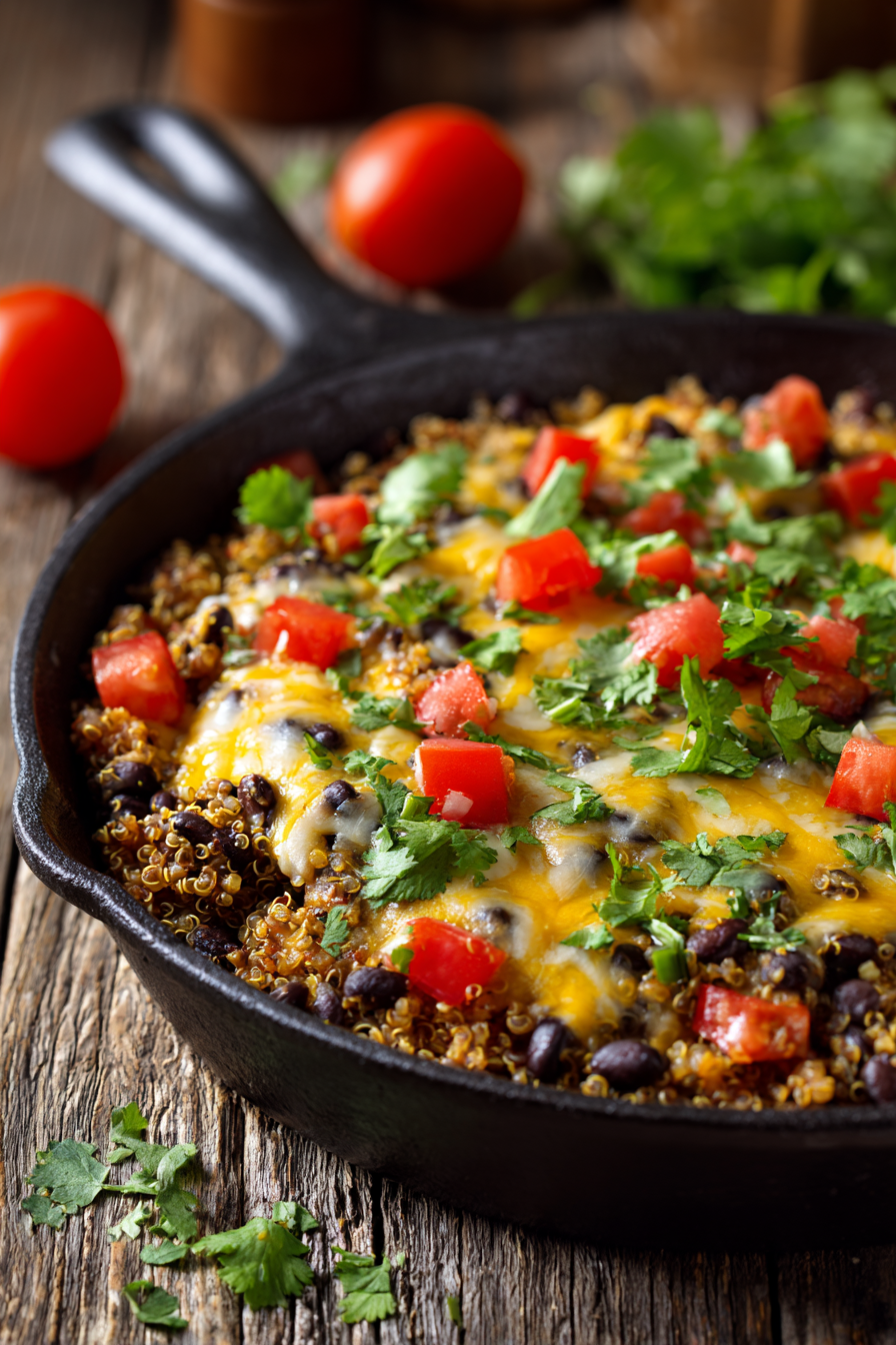 Close-up of a cheesy quinoa and black bean taco skillet topped with fresh cilantro and diced tomatoes on a rustic wooden table with warm natural light