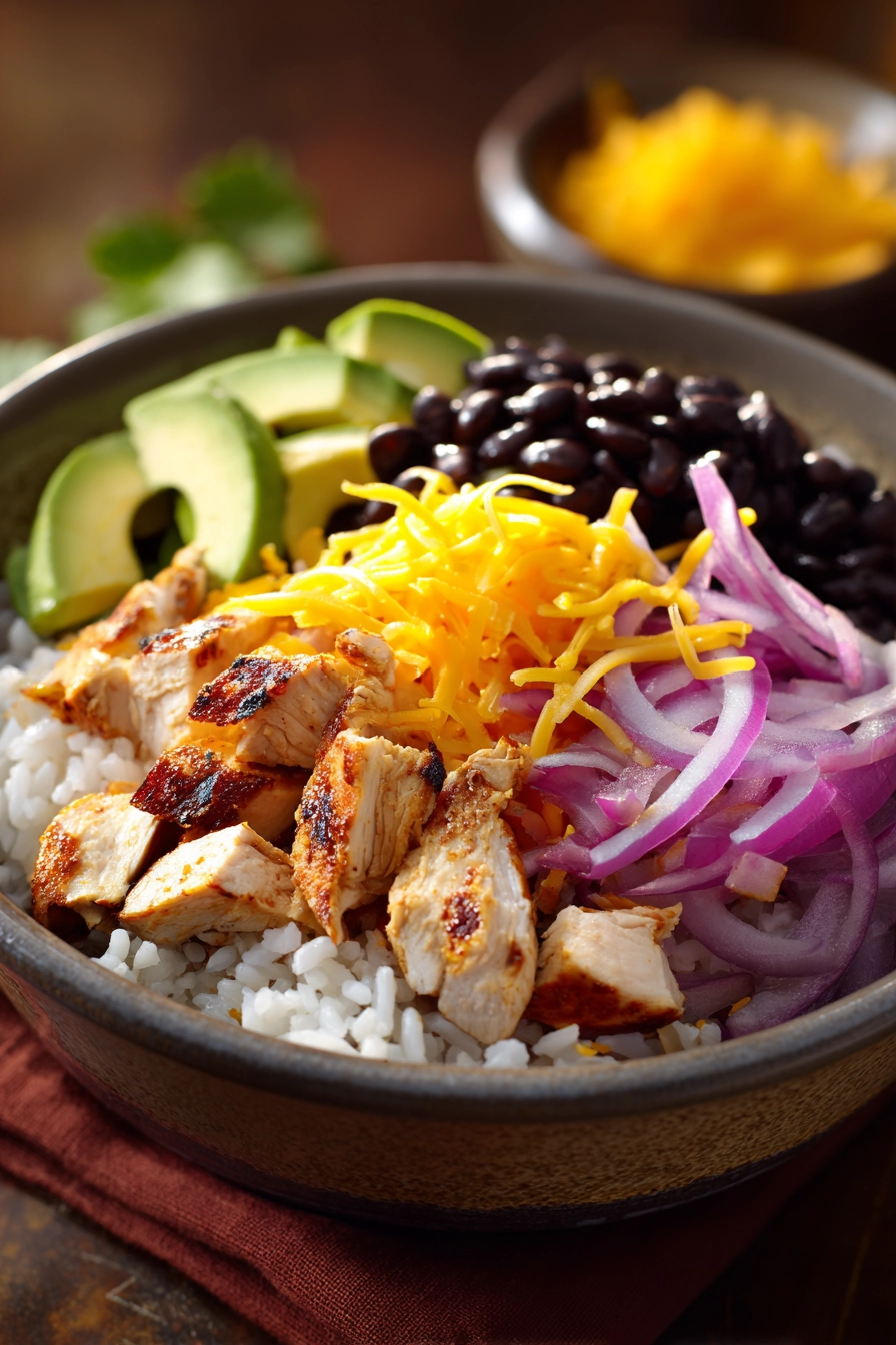 Close-up of a chicken and rice burrito bowl with fresh ingredients and vibrant colors.
